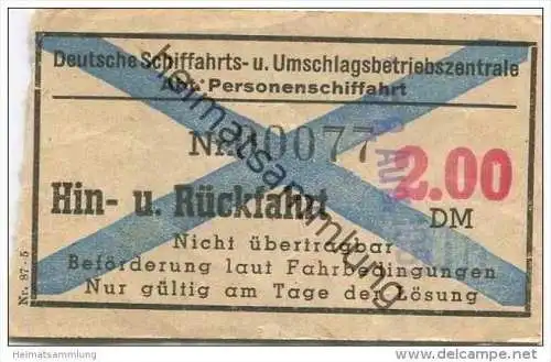 Deutschland - Deutsche Schiffahrts- und Umschlagsbetriebszentrale - Abt. Personenschiffahrt - Fahrschein 1951 - Hin- und
