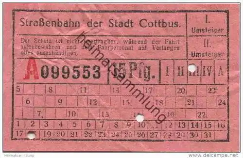 Deutschland - Cottbus - Strassenbahn der Stadt Cottbus - Fahrschein 15Pfg.