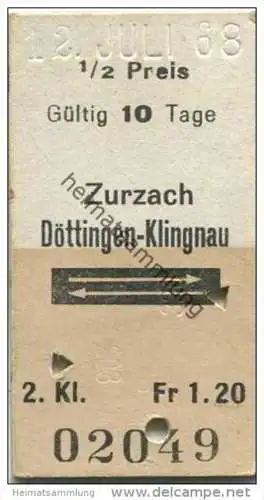 Schweiz - Zurzach Döttingen-Klingnau - Fahrkarte 1/2 Preis 2. Kl. 1968