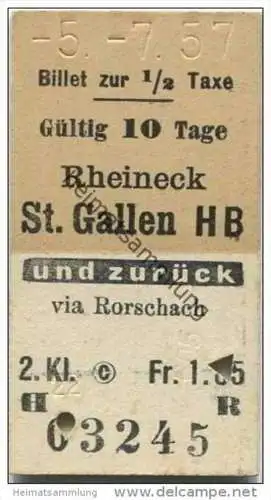 Schweiz - Rheineck St. Gallen HB und zurück via Rorschach - Billet zur 1/2 Taxe - Fahrkarte 2. Kl. 1957