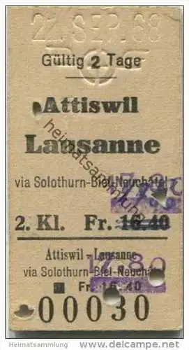 Schweiz - Attiswil Lausanne via Solothurn-Biel-Neuchatel - Fahrkarte 2. Kl. 1968