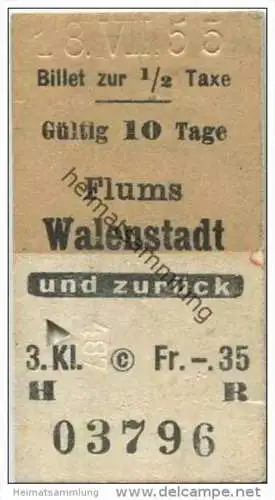 Schweiz - Flums Walenstadt und zurück - Fahrkarte 3. Kl. 1955