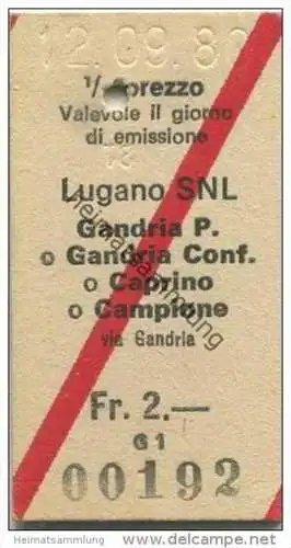 Schweiz - Lugano SNL Gandria P. Gandria Conf. etc. - Fahrkarte 1/2 prezzo 1980