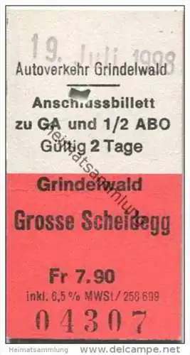 Schweiz - Autoverkehr Grindelwald - Anschlussbillet zu GA und 1/2 ABO - Grindelwald Grosse Scheidegg - Fahrkarte 1998