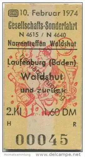 Deutschland - 10. Februar 1974 Gesellschafts-Sonderfahrt - Narrentreffen Waldshut - Fahrkarte Laufenburg (Baden) Waldshu