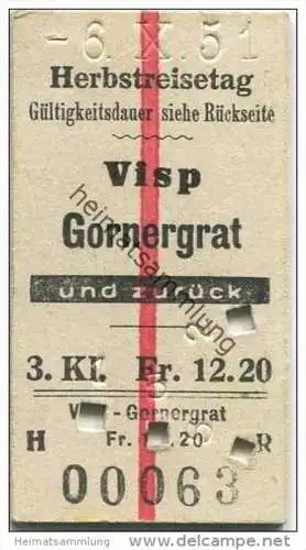 Schweiz - Herbstreisetag - Visp Gornergrat und zurück - Fahrkarte 3. Klasse 1951