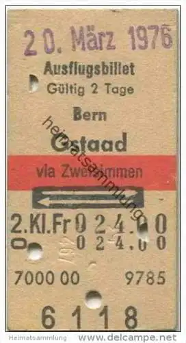 Schweiz - Ausflugsbillet - Bern Gstaad via Zweisimmen - Fahrkarte 2. Kl. 1976