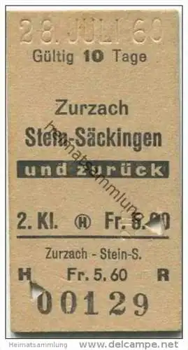 Schweiz - Zurzach - Stein-Säckingen 2. Kl. Fahrkarte 1960