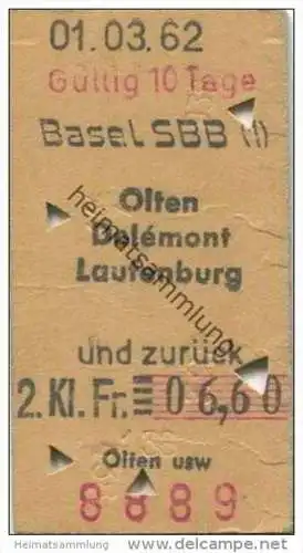 Schweiz - Basel SBB - Olten Delemont Laufenburg - Fahrkarte 1962