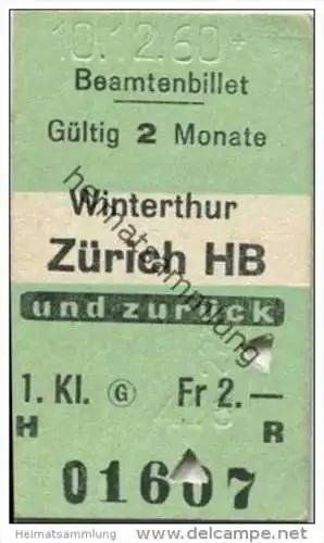 Schweiz - Beamtenbillet - Winterthur Zürich - Fahrkarte 1. Klasse 1960