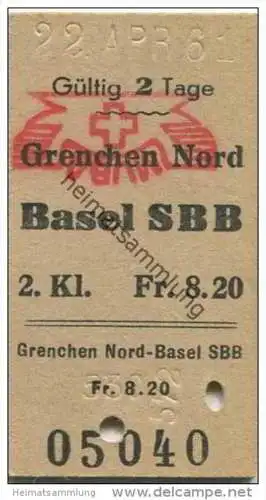 Schweiz - Grenchen Nord - Basel SBB - MUBA-Stempel - Fahrkarte 1961