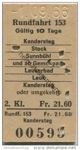 Schweiz - Rundfahrt 153 - Kandersteg Stock Sunnbühl etc. - Fahrkarte 1966