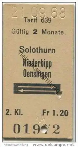 Schweiz - Solothurn - Niederbipp Oensingen - Gültig 2 Monate - Fahrkarte 1968