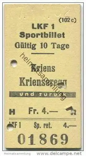 Schweiz - Pilatus-Bahnen - LKF1 Sportbillet - Kriens-Krienseregg 1962