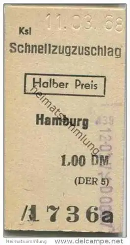 Deutschland - Schnellzugzuschlag - Hamburg Halber Preis 1968