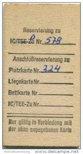 Deutschland - Platzkarte - DB - von Hannover nach Berlin Zoo 1975 - Zug D 347