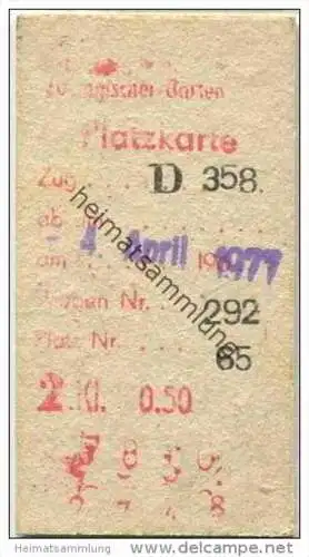 Deutschland - Platzkarte - ab Berlin Zoologischer Garten 1977 - Zug D 358