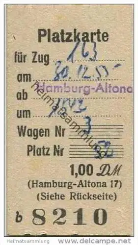 Deutschland - Platzkarte - ab Hamburg Altona 1955 - Zug 263