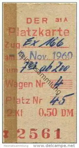 Deutschland - Platzkarte - DER 1960 - Zug Ex 166