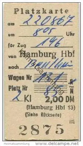 Deutschland - Platzkarte - Hamburg - Bentheim 1967 - Zug 196