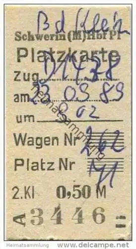 Deutschland - DDR - Platzkarte - Bad Kleinen - Schwerin 23.09.1989 - Zug D1438