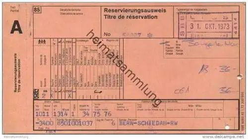 Schweiz - Platzkarte von Bern nach Schiedam 1973