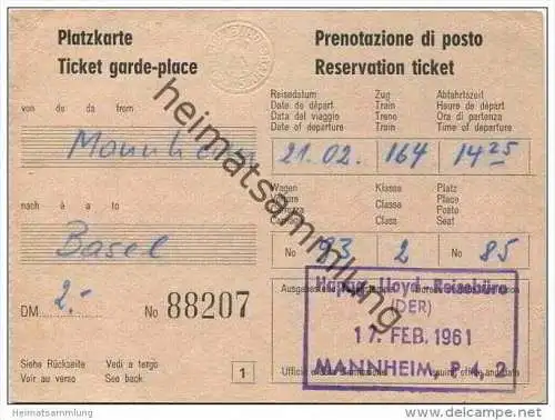 Deutschland - Hapag-Lloyd-Reisebüro DER Mannheim - Platzkarte von Mannheim nach Basel 1961