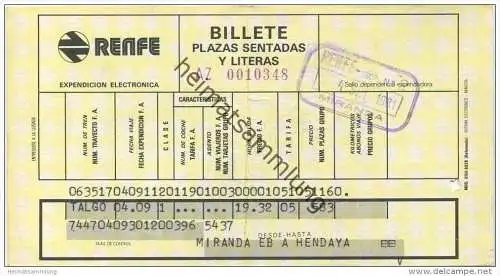 Spanien - Billete Plazas sentadas y literas - Miranda eb a Hendaya - Platzkarte 1. Klasse 1981