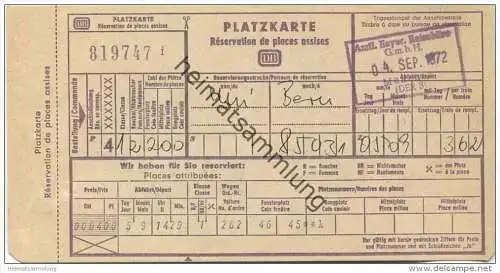 Deutschland - Platzkarte DB von München nach Bern 1972 - 1. Klasse - Raucher - Fensterplatz