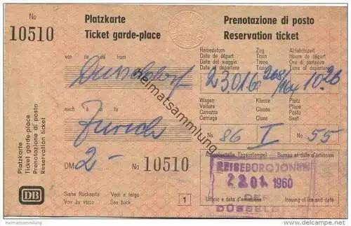 Deutschland - Platzkarte DB von Düsseldorf nach Zürich 1960 - 1. Klasse - ausgestellt im Reisebüro Jonen Düsseldorf