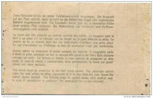 Deutschland - Platzkarte DB von Düsseldorf nach Zürich 1960 - 1. Klasse - ausgestellt im Reisebüro Jonen Düsseldorf