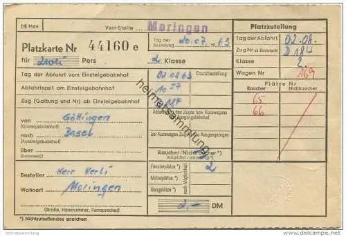 Deutschland - Platzkarte D 184 - für 2 Personen aus Moringen von Göttingen nach Basel 1963 - Raucher