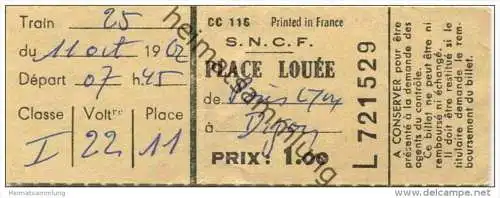 Frankreich - Platzkarte - Reservation - Paris Lyon Dijon - S.N.C.F. 1962