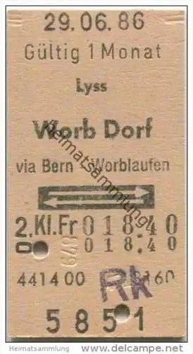 Schweiz - SBB - Lyss - Worb Dorf via Bern Worblaufen und zurück - Fahrkarte 1986