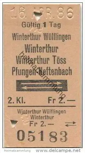 Schweiz - SBB - Winterthur Wülflingen - Winterthur oder Winterthur Töss oder Pfungen-Neftenbach und zurück - Fahrkarte 1