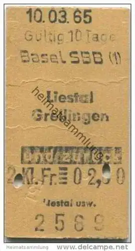 Schweiz - SBB - Basel SBB - Liestal oder Grellingen und zurück - Fahrkarte 1965