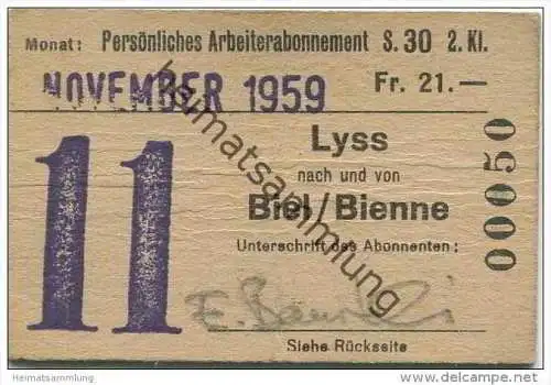 Schweiz - SBB - Arbeiterabonnement - Lyss - Biel - Fahrkarte 1959