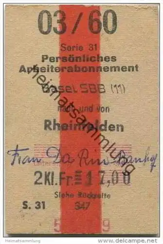 Schweiz - SBB - Arbeiterabonnement - Basel - Rheinfelden - Fahrkarte 1960