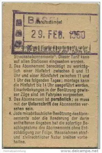 Schweiz - SBB - Arbeiterabonnement - Basel - Stein-Säckingen - Fahrkarte 1960