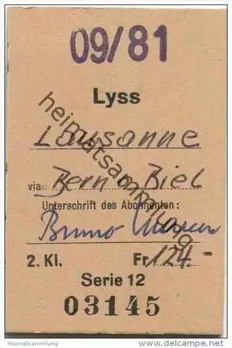 Schweiz - SBB - Abonnement - Lyss - Lausanne via Bern oder Biel - Fahrkarte 1981