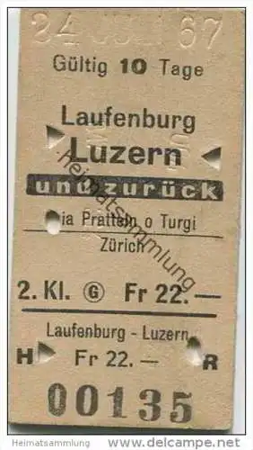 Schweiz - SBB - Laufenburg - Luzern via Pratteln oder Turgi Zürich und zurück - Fahrkarte 1967