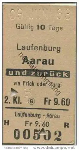 Schweiz - SBB - Laufenburg - Aarau via Frick oder Turgi und zurück - Fahrkarte 1963