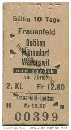 Schweiz - SBB - Frauenfeld - Uetikon oder Männedorf oder Wädenswil und zurück via Zürich - Fahrkarte 1967