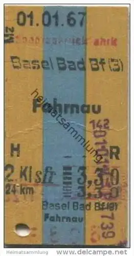 Deutschland - Sonntagsrückfahrkarte - Basel Bad Bf. - Fahrnau - Fahrkarte 1967