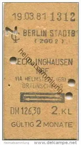 Deutschland - Berlin Stadtbahn (Zoo) - Recklinghausen Hbf. via Helmstedt Braunschweig - Fahrkarte 1981