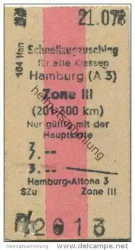 Deutschland - Schnellzugzuschlag - für alle Klassen Hamburg Zone III - Fahrkarte 1958