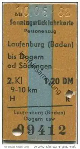 Deutschland - Sonntagsrückfahrkarte Personenzug - Laufenburg (Baden) bis Dogern oder Säckingen - Fahrkarte 1962