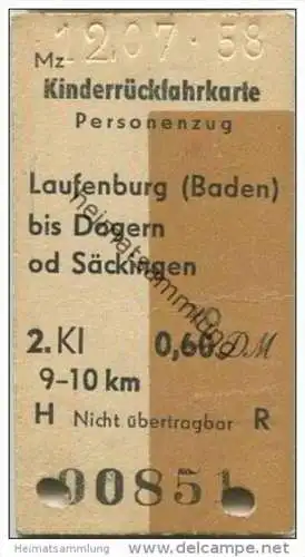 Deutschland - Kinderrückfahrkarte Personenzug - Laufenburg bis Dogern oder Säckingen - Fahrkarte 1958
