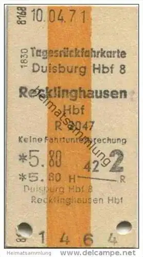 Deutschland - Tagesrückfahrkarte - Duisburg Hbf. - Recklinghausen Hbf. - Fahrkarte 1971