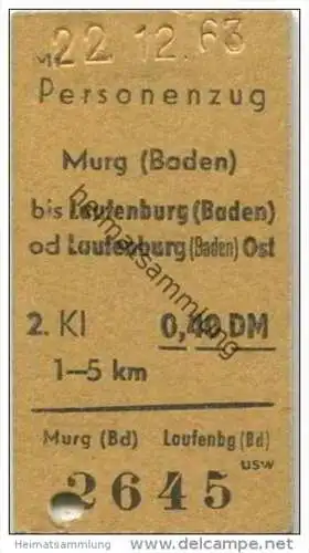 Deutschland - Personenzug - Murg (Baden) bis Laufenburg (Baden) oder Laufenburg (Baden) Ost - Fahrkarte 2. Klasse 1963